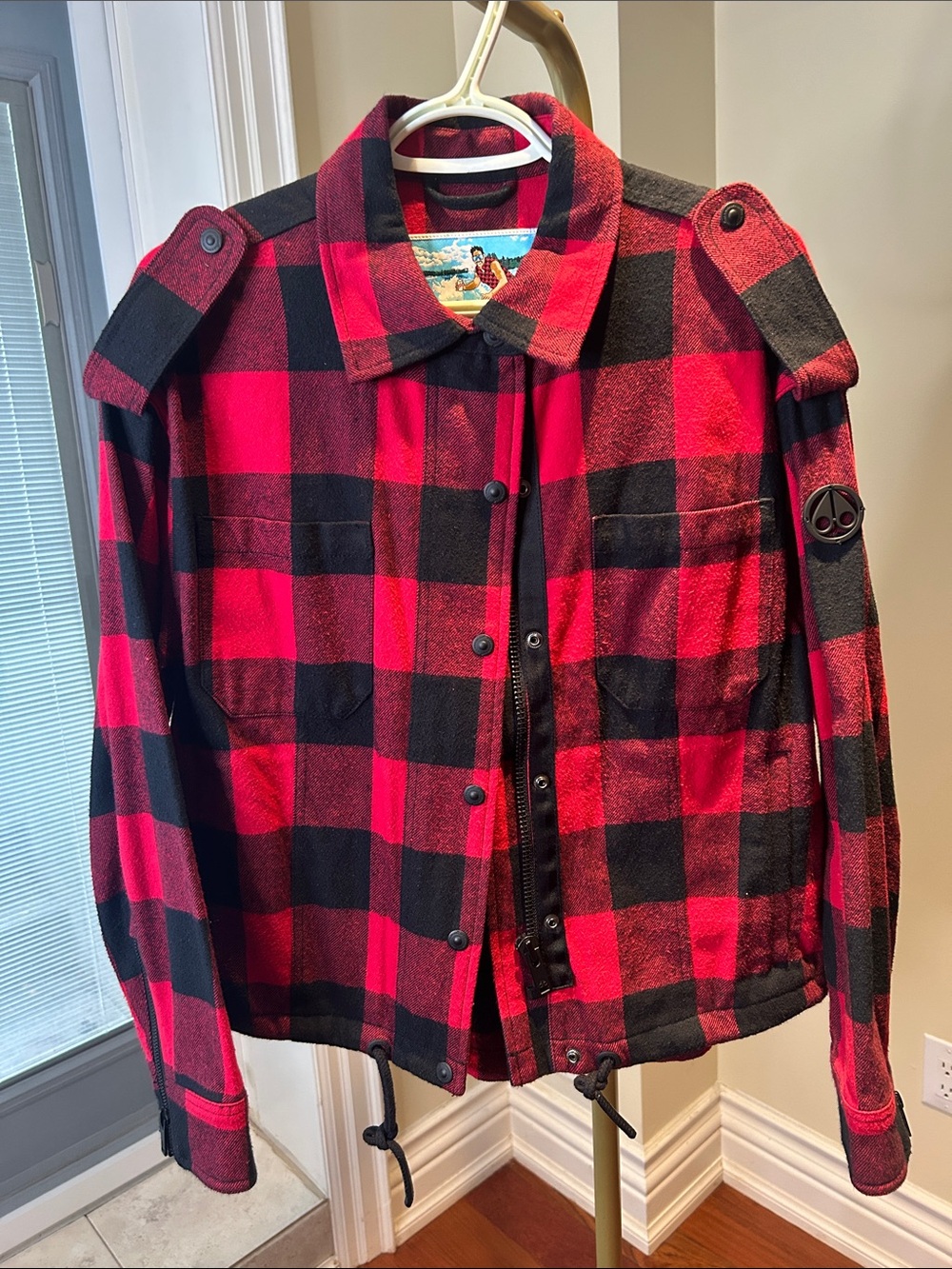 Moose Knuckles red & black buffalo check plaid utility jacket, size Small